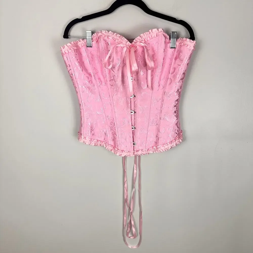 Pink Floral Jacquard Bustier Lace Up Corset Top Ruffle Hem Castle Fairy Small - Picture 7 of 14